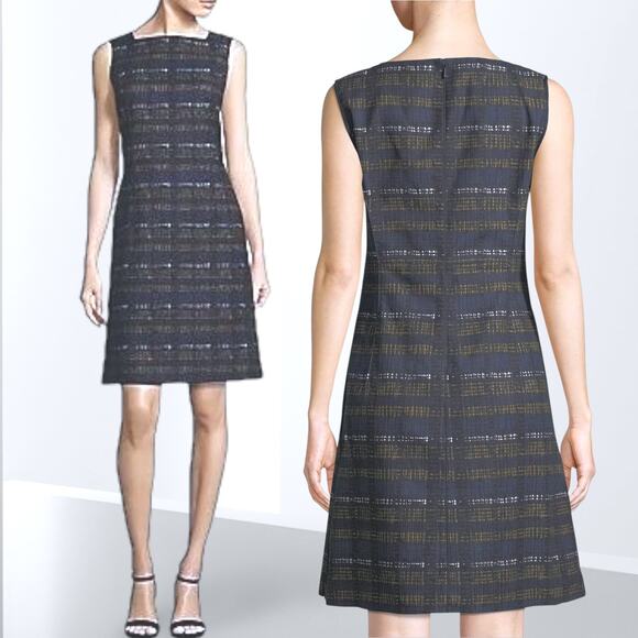 LAFAYETTE 148 NY Striped Sheath Knee Length Dress Gold Blue Career Sleeveless 12 - Picture 1 of 13